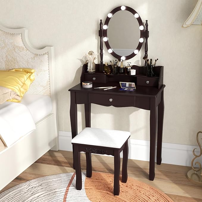 CHARMAID Girls Makeup Vanity Desk with Lights, Vanity Table with Lighted Mirror, 3 Lighting Modes, Adjustable Brightness, Modern Makeup Table with 3 Drawers and Stool for Small Space (Espresso)