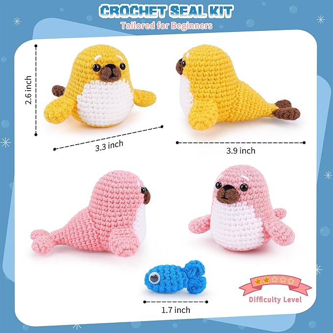 Crochet Kit for Beginners - Seal Crochet Kits with Step-by-Step Video Tutorials, Beginner Crochet Kit for Adults Kids, Crochet Animal Kit, 2 PCS Seals with a Fish Crocheting Set