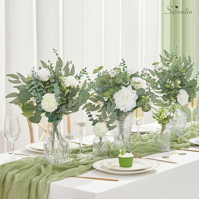 Serwalin 100pcs Artificial Mixed Eucalyptus Stems Leaveas Bulk, 4Kinds Fake Grennery Silver Dollar Eucalyptus Leaves Picks,Faux Greenry Stems Sprays for DIY Bouquets Floral Arrangement Home Decor