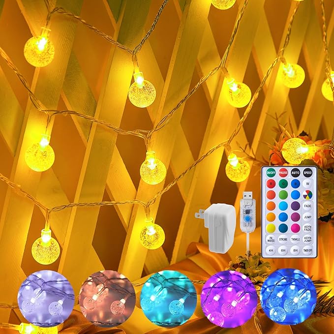 Minetom Crystal Globe String Lights - 33 ft 100 LED USB Color Changing Globe Ball Fairy Lights with Remote and Timer, Waterproof for Bedroom Tent Loft Bed Window Party, 16 Colors and Multicolor, RGB