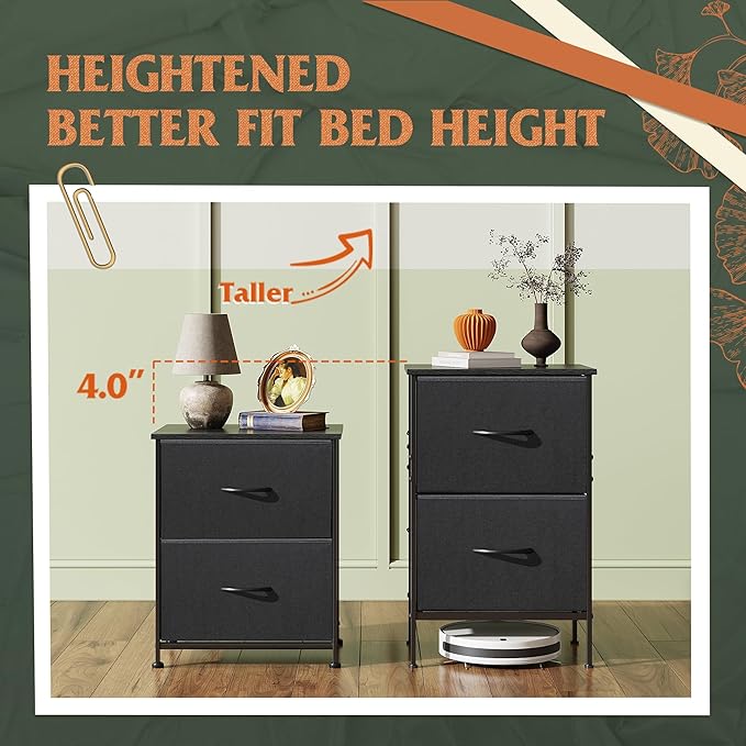 WLIVE Nightstand Set of 2, 2 Drawer Dresser for Bedroom, Small Dresser with 2 Drawers, Bedside Furniture, Night Stand, End Table with Fabric Bins for Bedroom, Dorm, Charcoal Black, Size L