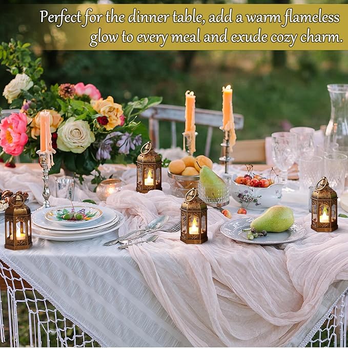 LLQ 12Pcs Mini Lantern with LED Tea Light, Garden Fairy Party Decorations, Battery Included, Vintage Lanterns Decorative, Hanging Candle Lanterns for Halloween Christmas Wedding Table Centerpiece