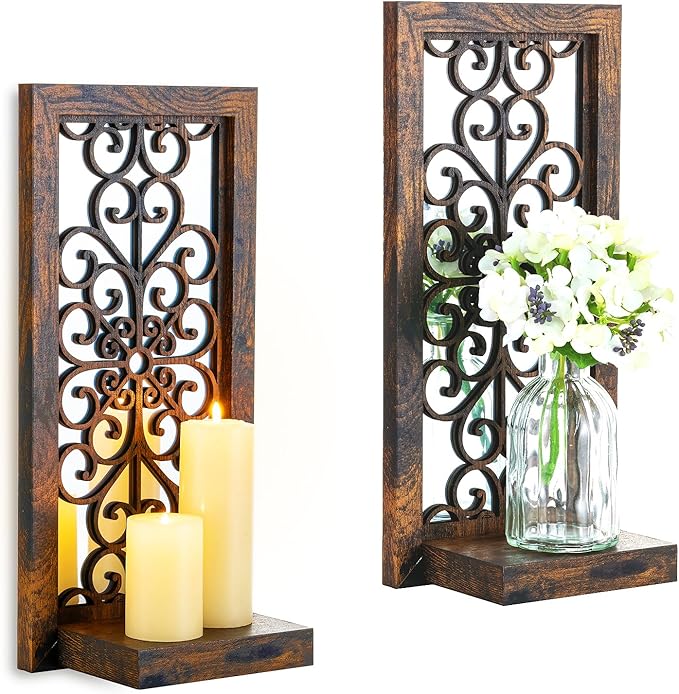 Farmhouse Wall Candle Holder Decor: Rustic Candle Sconces Set of Two for Pillar Candles - Brown Wooden Shelving for Fireplace Bathroom Hallway