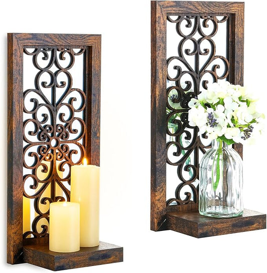 Farmhouse Wall Candle Holder Decor: Rustic Candle Sconces Set of Two for Pillar Candles - Brown Wooden Shelving for Fireplace Bathroom Hallway