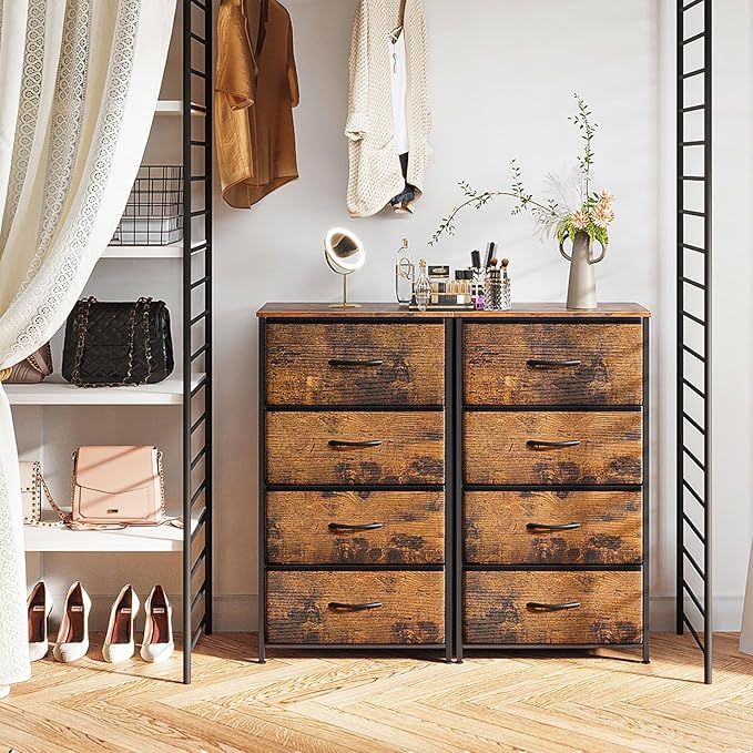 ODK Dresser for Bedroom with 4 Storage Drawers, Small Dresser Chest of Fabric Drawers with Sturdy Steel Frame, Wood Top, Vintage