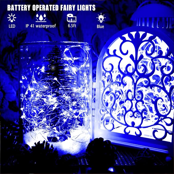 [6-Pack] 7Feet Starry String Lights,Fairy String Lights 20 Micro Starry LEDs On Silvery Copper Wire 2pcs CR2032 Batteries Included,Works for Wedding Centerpiece,Party,Christmas Table Decor (Blue)