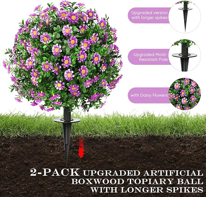 23" Set of 2 Artificial Boxwood Topiary Ball with Sunflower Flowers with Spikes for Outdoor, UV Resistant Faux Greenery Shrubs, Realistic Fake Bushes Plants for Garden, Yard, Front Porch, Patio Decor