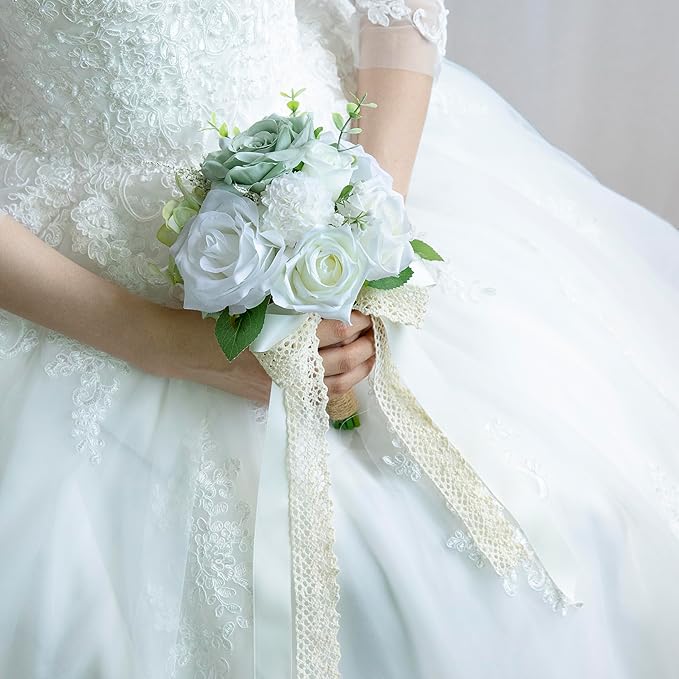 White Wedding Bouquets for Bride Bridesmaid, Artificial Sage Green Bride Flower Bouquet for Wedding Church Decoration Ceremony, Anniversary, etc, Roses Flowers