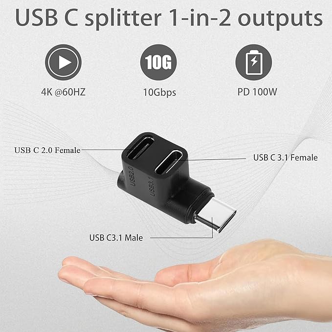 FUSIONWIS 1 to 2 USB 3.1 C 90 Degree Adapter 10Gbps USB Type C 3.1 Male to USB C 3.1 +USB C 2.0 Dual Female Right Angle Connector Support 100W Fast Charge,Data Transfer and 4K60Hz Resolution-2PCS