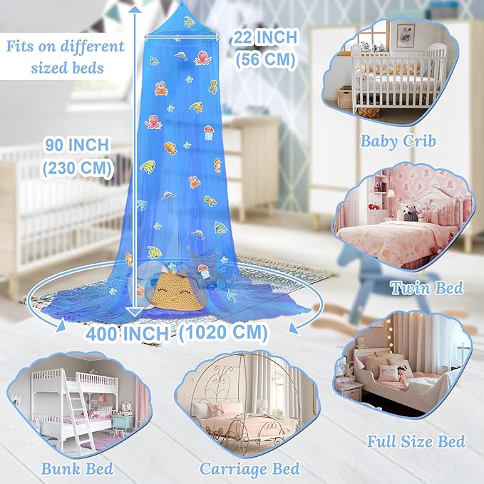 South to East Bed Canopy for Children with Glowing Marine Life, Blue Bed Curtains for Kids & Toddler Beds, Twin, Full & Queen, Mosquito Net Canopy for Boys Bedroom