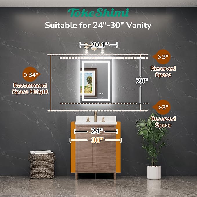 TokeShimi LED Bathroom Mirror 20 x 28 Lighted Bathroom Vanity Mirror with Lights,Brighter Frontlit and Backlit Light up Anti Fog Mirror