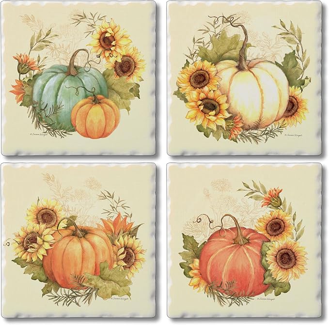 Thirstystone Harvest Field 4 Pack Assorted Tumbled Tile Stone Coasters with Protective Cork Backing 4" Square Manufactured in The USA