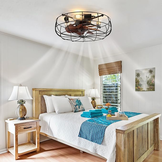 LEDIARY 20" Caged Ceiling Fans with Lights and Remote, Flush Mount Bladeless Ceiling Fan Low Profile, Small Farmhouse Industrial Enclosed Ceiling Fan with Light for Bedroom, Kitchen, Indoor