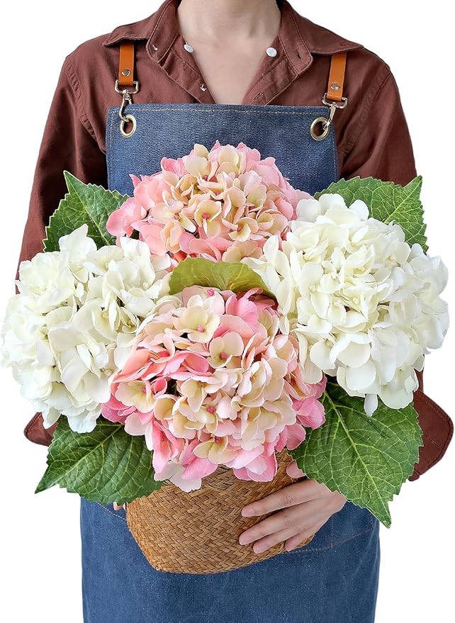 2 White +2 Pink Real Touch Hydrangea Artificial Flowers,21" Vintage Boho Silk Fake Flowers, Faux Hydrangea Flowers for Christmas Wedding Bouque Centerpieces Tables Party Home
