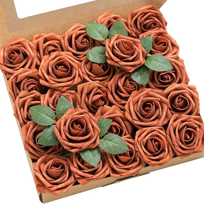 Ling's moment Fall Artificial Flowers 25Pcs Burnt Orange Roses Decor w/Stems,3" Real Touch DIY Foam Floral for Wedding Bouquet/Centerpieces, Outdoors Party Backdrop, Room/Table, and Garden/Pot Decor