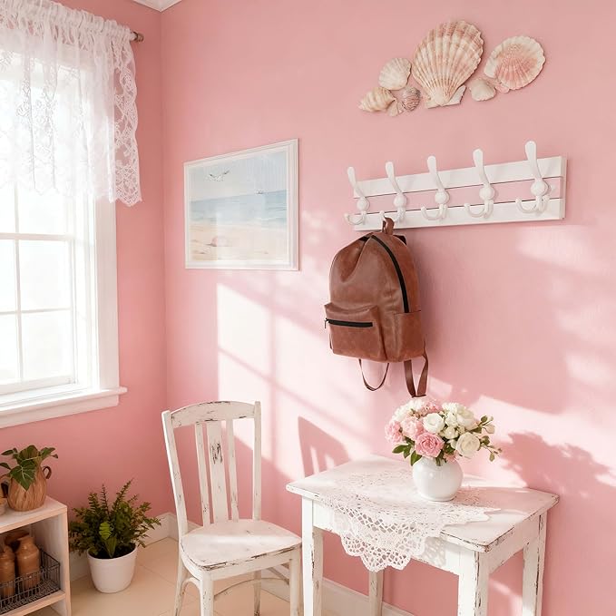 SKOLOO Coastal Wall Mounted Coat Rack - 17" Beach House Entryway Wooden Coat Hook with 5 Hooks for Hanging Coats, Hats or Towels, Oceanfront Cottage Core Collection, White & Palm Beach Pink, Pack of 2