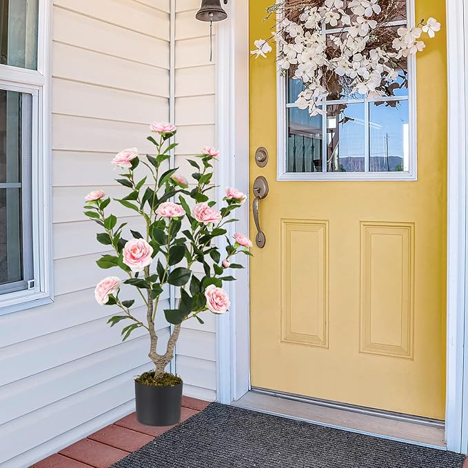 GOFLAME 3FT Artificial Camellia Tree, 2 Pack Faux Camellia Plant with Pink Flowers, Solid Wood Trunk, Realistic Moss, Greenery Potted Decoration Tree for Indoor Outdoor Home Porch Front Door