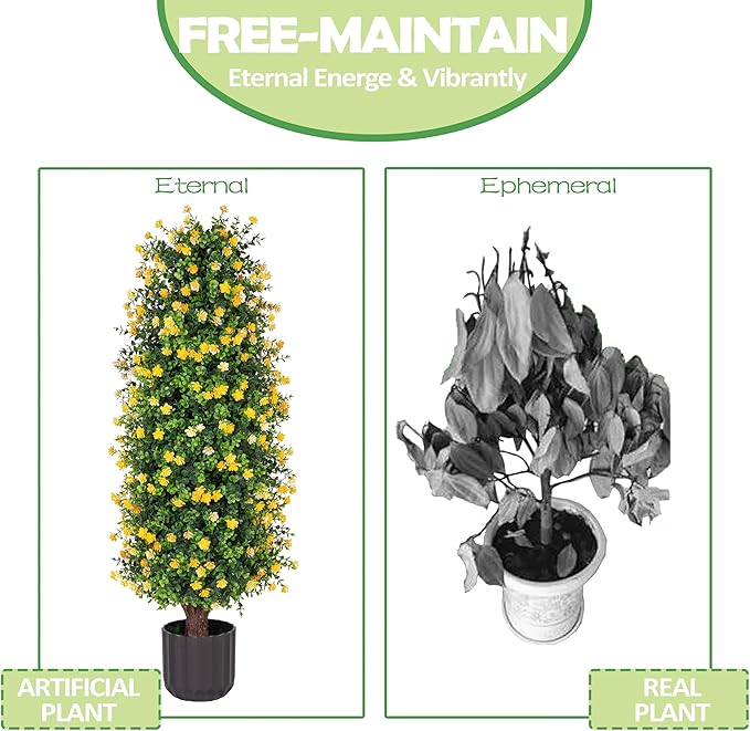 Sunnyglade 2 Packs Artificial Rose Tree 3FT- Fake Floral Plant Tree in Pot- Decorative Topiary Plant - Cement Filled Potted Faux Flower Plant for Home Office Porch Decor Indoor Outdoor(Yellow)