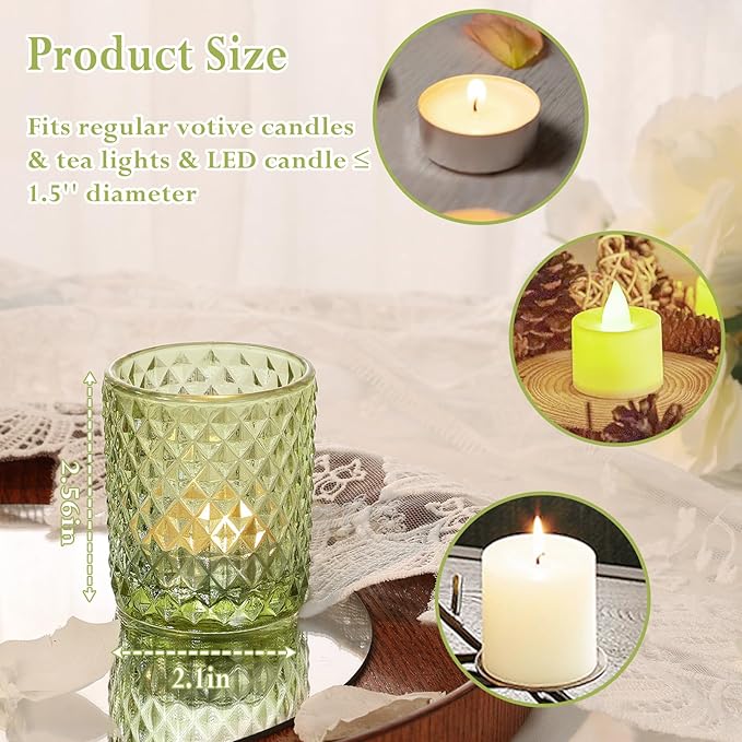 24 Pcs Votive Candle Holders for Wedding, Olive Green Glass Tea Lights Candle Holders for Party Table Decor, Candle Holders Bulk Baby Shower, Vintage Green Depression for Table Centerpiece