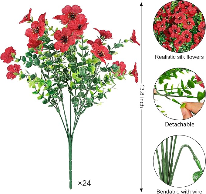 Ouddy Decor 24 Bundles Artificial Flowers for Outdoors Fake Silk Flowers UV Resistant Faux Plastic Plants for Spring Summer Garden Porch Window Box Table Vase Home Indoor Outdoor Decoration, Red