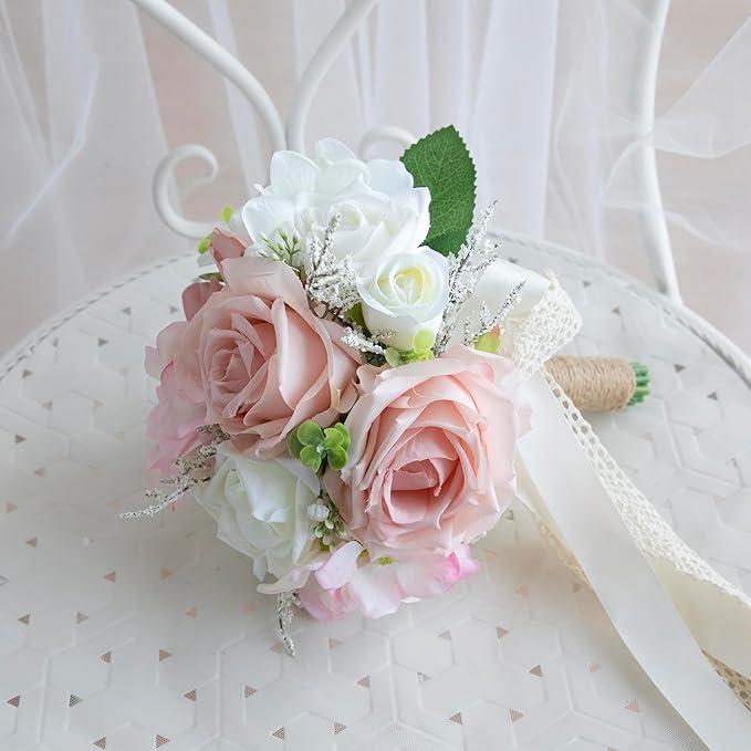 Wedding Bouquets for Bride Bridesmaid, Artificial Dusty Rose Bride Flower Bouquet for Wedding Church Decoration Ceremony, Anniversary, etc, Roses Flowers
