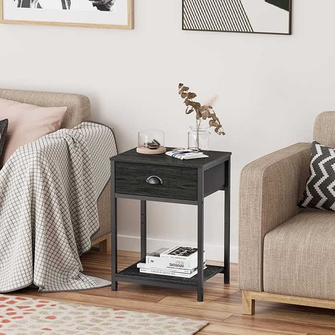 Furologee Nightstands Set of 2, Industrial End Table with Fabric Drawer&Storage Shelf, Small Bedside Table Organizer for Small Space for Living Room, Tall 23.6" Night Stand for Bedroom, Black Oak