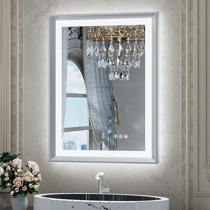 TETOTE Bathroom Mirror with Lights 20x28 Brushed Nickel LED Mirror Silver Frame Frontlit & Backlit Lighted Vanity Mirror Baroque Anti Fog Dimmable White/Warm/Natural,Wall Mounted(Horizontal/Vertical)