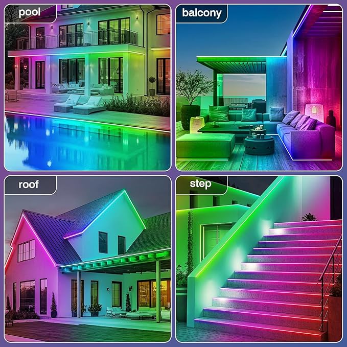 zoegi Outdoor LED Strip Lights Waterproof,Music Sync RGB IP68 Outside Led Light Strips Waterproof with App and Remote,Exterior Led Rope Lights for Deck,Balcony,Roof,Garden,Pool (50FT)
