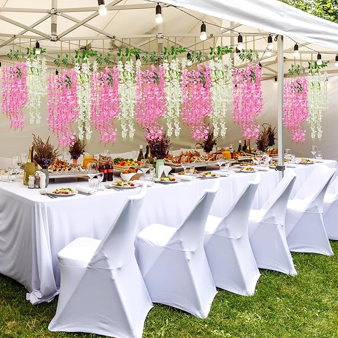 Giegxin 24 Pcs Artificial Wisteria Hanging Flowers 3.6 ft Artificial Fake Wisteria Vine Rattan Hanging Garland Silk Flowers String for Wall Home Wedding Party Greenery Decorations (Dark Pink,White)