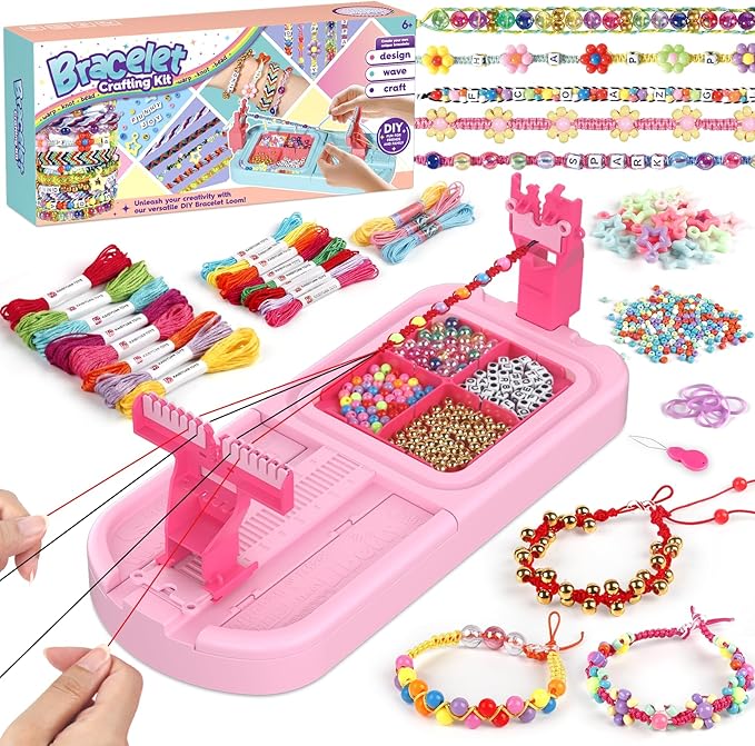 Friendship Bracelet Making Kit, Arts and Crafts Loom Bracelet Maker for Kids, Jewelry String Making supplies with 3 Thread Styles & 6 Bead Types, Christmas Birthday Gifts for Girls Ages 6 7 8 9 10+