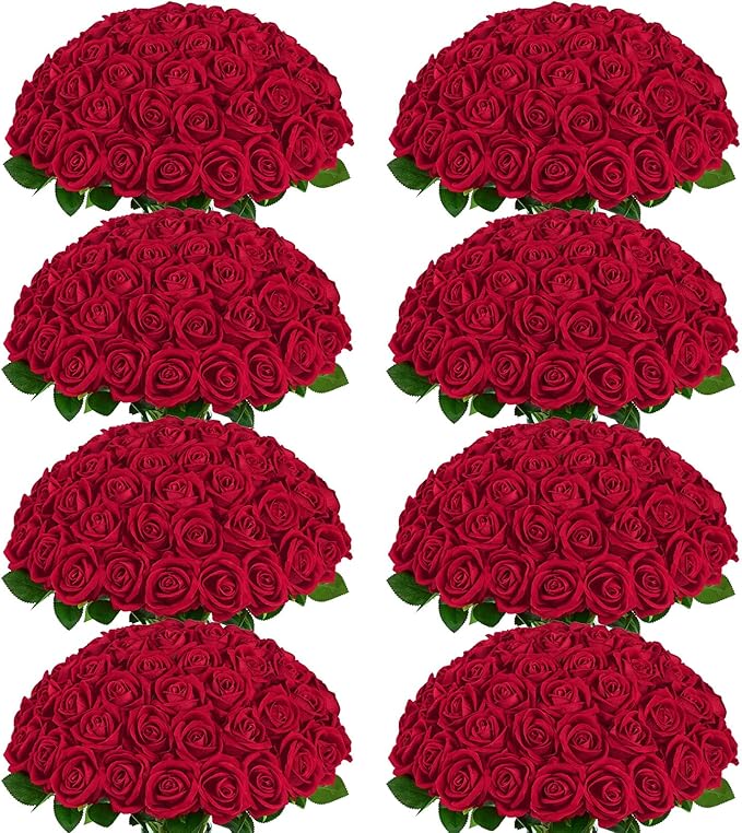 BLEUM CADE 200 Pcs Red Roses Artificial Flowers, Real Touch Velvet Roses Fake Flowers Bulk, Artificial Roses Bouquet with Long Stems Bridal DIY Wedding Party Centerpiece Decorations