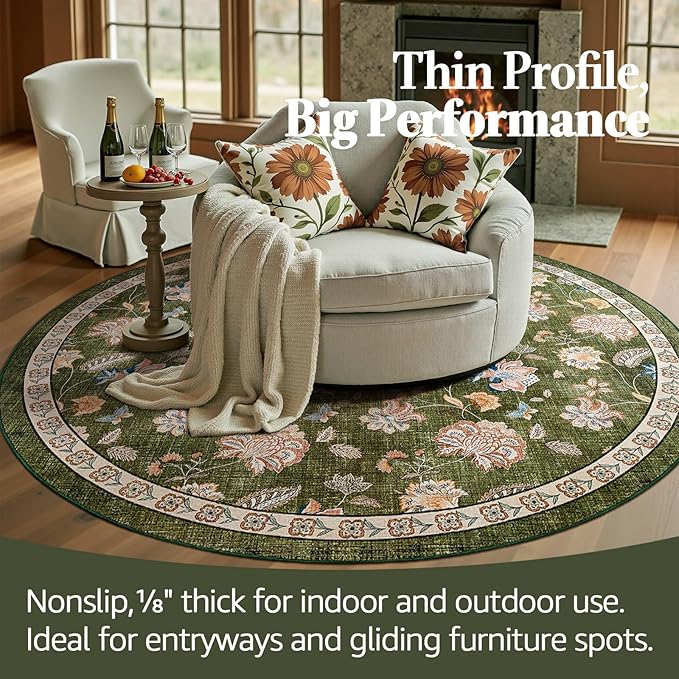 jinchan 6ft Floral Round Rug for Dining Room Washable Living Room Rug Vintage Romance Design Non Slip Indoor Floor Cover Lightweight Low-Profile Throw Carpet for Bedroom Porch Patio, Green