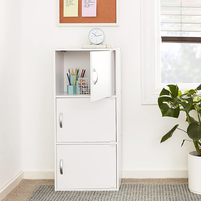 Hodedah Heavy Duty Engineered Wooden 3 Door Enclosed Multipurpose Storage Cabinet with Included Hardware for Easy Assembly, White