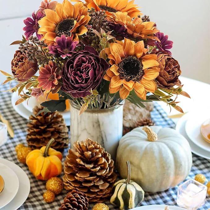 GTIDEA 2 Bundles Fall Flowers Bouquet Vintage Artificial Flowers Fake Sunflowers with Silk Peonies Orange Autumn Flowers for Home Table Centerpieces Wedding Festival Party Decor