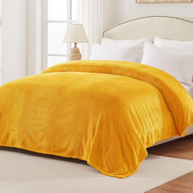 Exclusivo Mezcla Fleece Bed Blanket Queen Size, Super Soft and Warm Blankets for Couch, Sofa and Bed Waffle Textured, Cozy, Fuzzy and Lightweight (Mustard Yellow, 90x90 Inches)