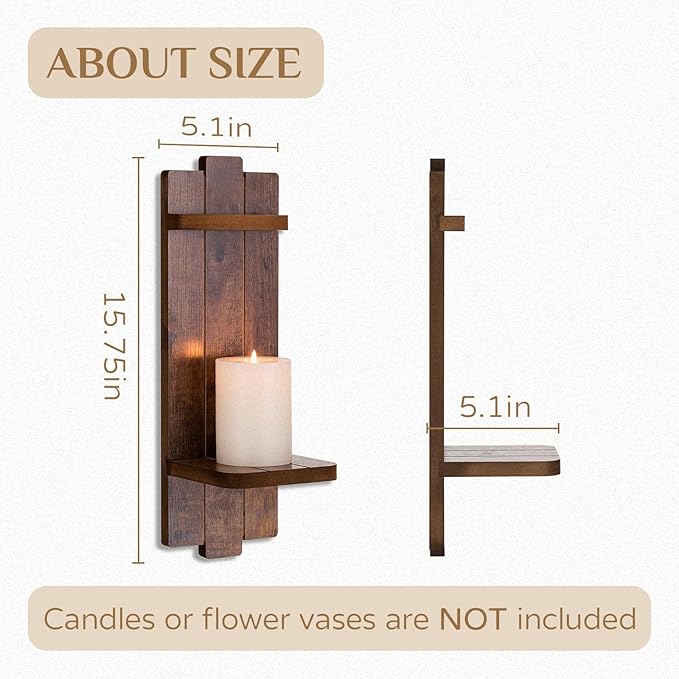 Rustic Candle Holder Farmhouse Wall Decor - Brown Candle Sconces Set of Two Wooden Vintage Hanging Wall Decoration for Fireplace Mantel Living Room Bedroom Dining Room