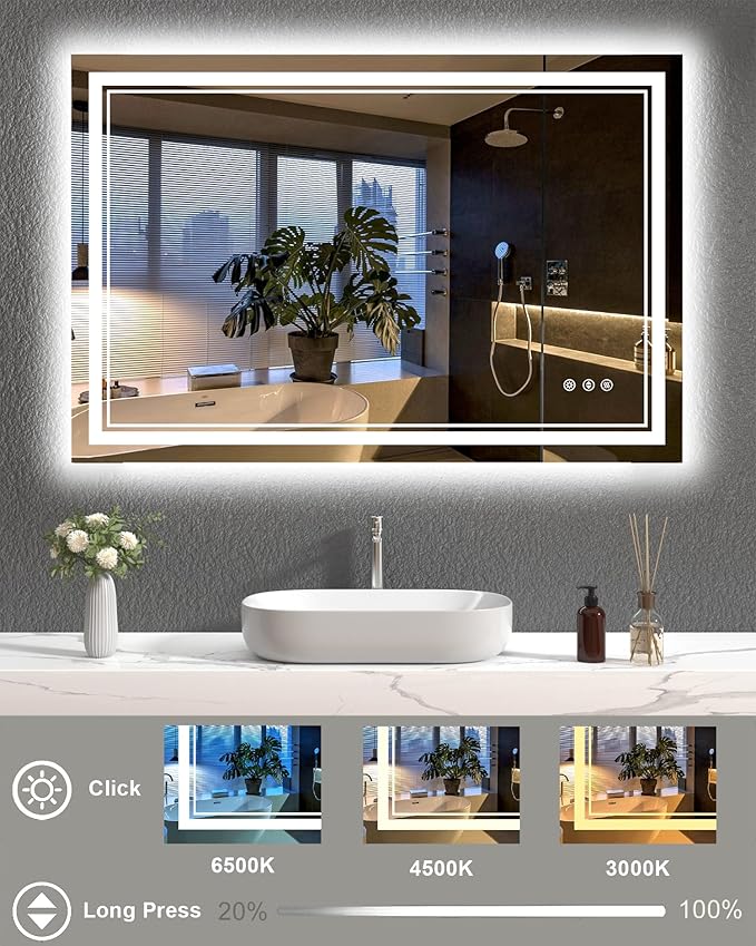 48x32 Inch LED Lighted Bathroom Mirror, Light Up Bathroom Vanity Mirror Unbreakable with 2 Front Lights & Back Lit, 3 Colors Stepless Dimmable, Anti-Fog, Memory Function, Closable Blue Buttons