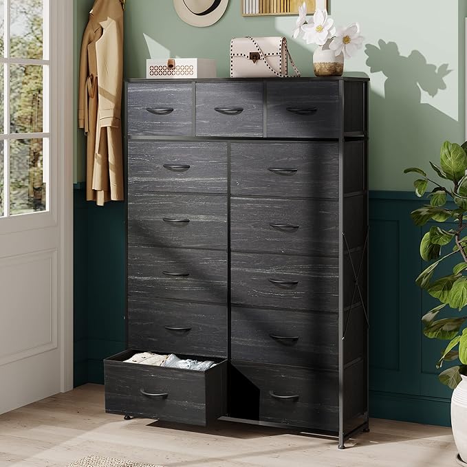 WLIVE Storage Organizer Unit with 13 Fabric Bins, Storage Drawers Organizer with Steel Frame, Tall Storage Tower Organizaton for Living Room, Hallway, Office, Charcoal Black Wood Grain Print