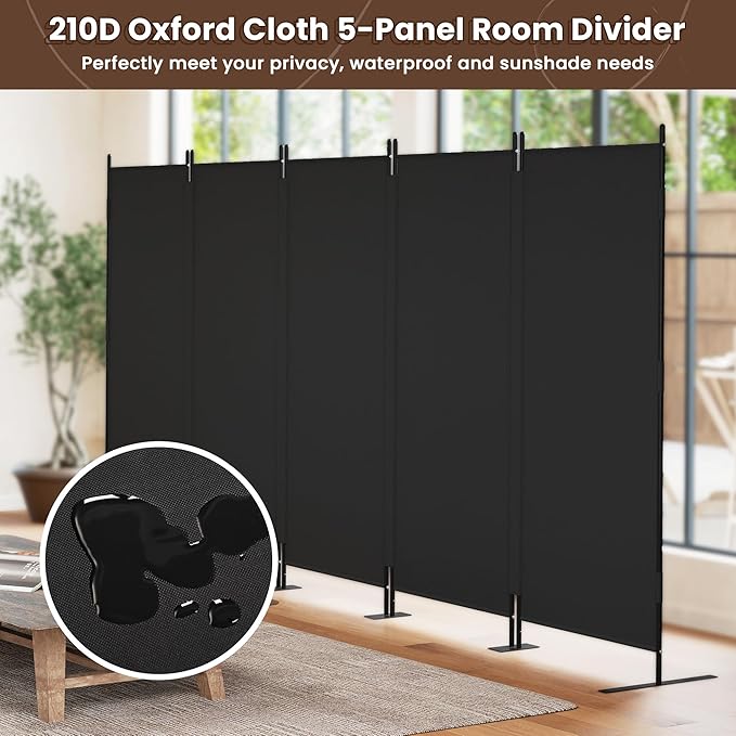 JAXPETY Room Divider 5 Panel Privacy Screen Wall Dividers for Room Separation Flexible Partition Folding Portable Room Partition for Office 145" W x 73" H, Black