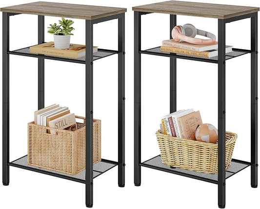 Hoctieon 2-Set 3 Tier End Table, Telephone Table Set of 2, Tall Side Table with Storage Set of 2, Small Nightstand for Small Spaces, Metal Frame, for Living Room, Bedroom, Sofa Couch, Hallway, Greige