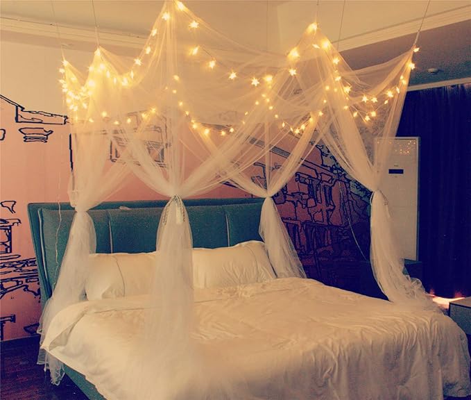 Comtelek 8 Corner Bed Canopy with 100 LED Star String Lights Battery Operated, Bed Netting Unique Style 4 Door Square Canopy Bed Curtains Canopy - Suggested for Twin Full Queen King Bed