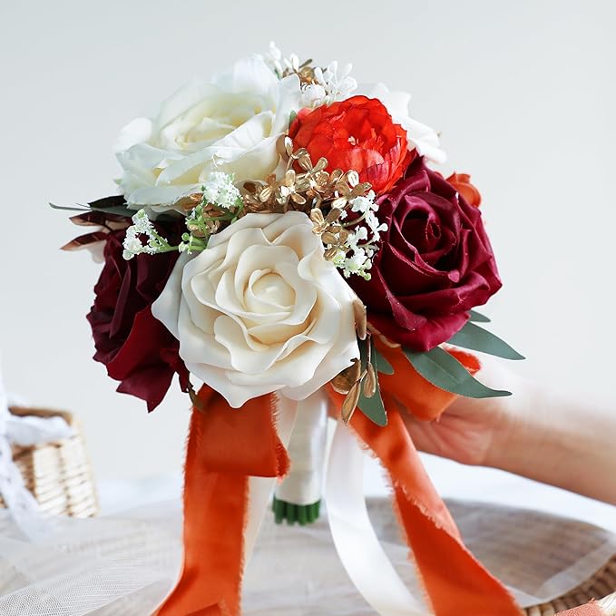 ponatia Burnt Orange Wedding Bouquets for Bride Bridesmaid, Artificial Burgundy Prom Flowers Bouquet for Weddins, Ceremony, Anniversary, 7 Inches