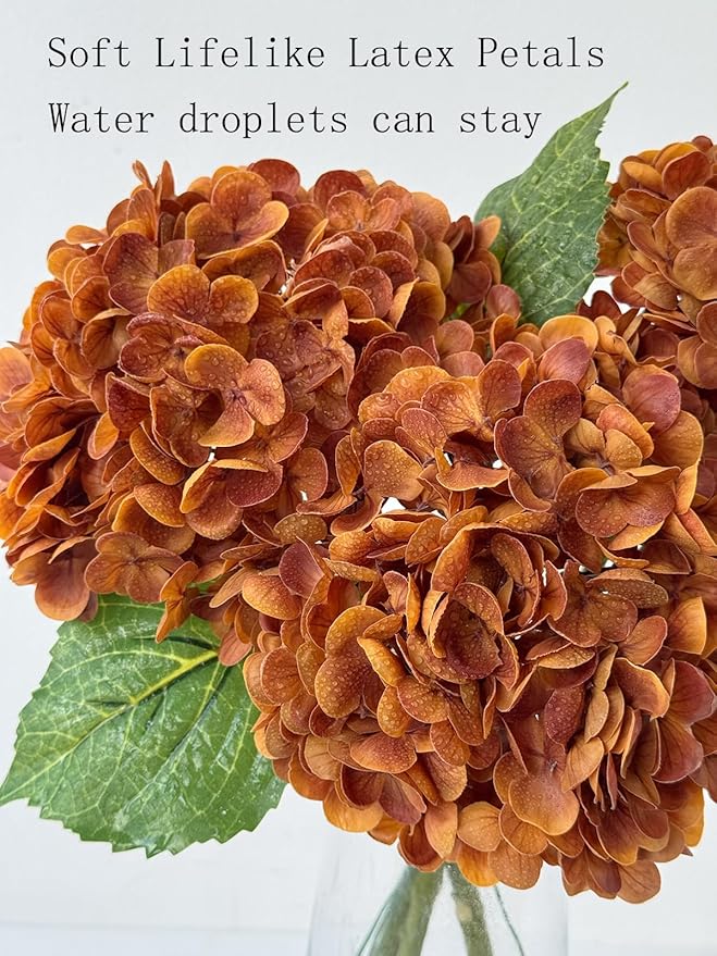 YalzoneMet 4 Pcs Orange Brown Hydrangea Artificial Flowers 21‘’ Real Touch Latex Hydrangea Fake Flowers for Fall Home Decor Party Kitchen Bedroom Bronze Vintage Flower Table Centerpieces