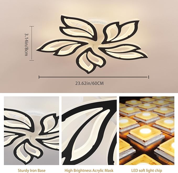Garwarm LED Ceiling Light Fixture, 60W Modern Leaves Ceiling Lamp Dimmable Black Flush Mount Ceiling Chandelier for Living Room Study Room Dining Room Bedroom