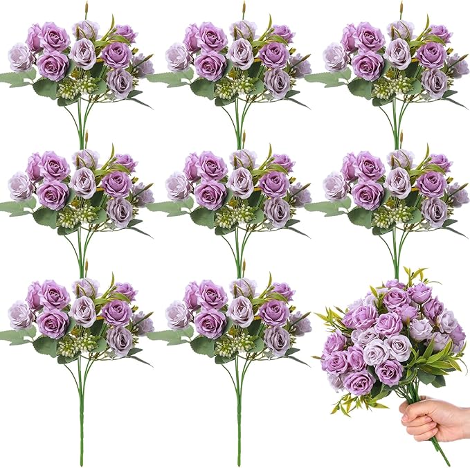 Zeyune 8 Pack 12 Inch Wedding Bouquets for Bride Bridesmaid Purple and Lilac Artificial Rose Bouquet Fake Silk Roses Flowers Bunches Bulk for Home Office Garden Parties Decoration