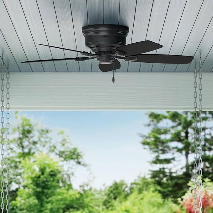 Hunter 48 inch Outdoor or Indoor Ceiling Fan No Light - Low Profile Mount, Black Ceiling Fan without Light, For Patio, Porch, Garage, or Living Room, 5 Blades, Pull Chain - Sea Wind 53118, Matte Black