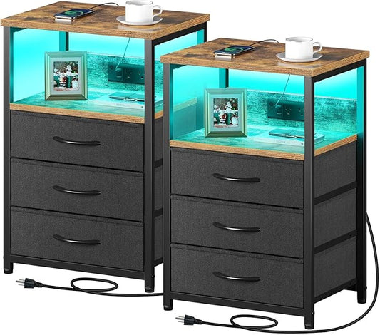 Seventable Nightstand with Charging Station and LED Light, Set of 2 Side Table with 3 Fabric Drawers, Bedside End Table with USB Ports and Outlets, Night Stand for Bedroom, Rustic Brown