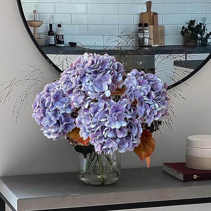 YalzoneMet 4 Pcs Hydrangea Artificial Flower Lifelike 21'' Long Stem Latex Real Touch Hydrangea for Xmas Home Party Kitchen Thanksgiving Table Centerpiec Christmas Decor 2 White + 2 Purple