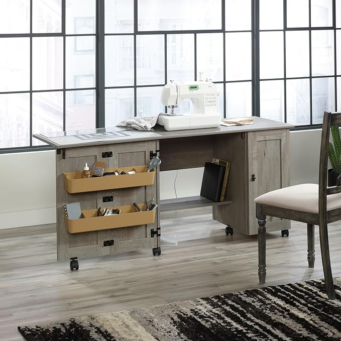 Sauder Craft Cart Storage Cabinet, Rolling Sewing Table with Expandable Top, Mystic Oak