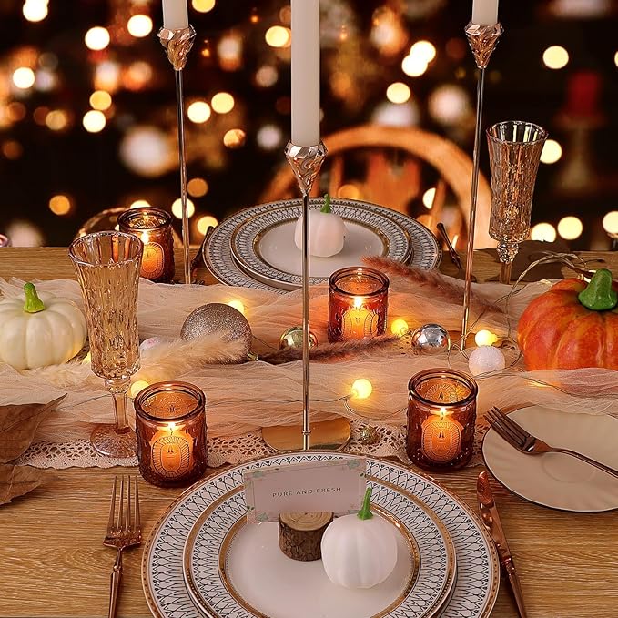 12 Pcs Vintage Amber Votive Candle Holders- Glass Amber Candle Holder for Centerpiece Table Decorations, Tea Light Candle Holders for Wedding Decor, Fall Decor, Thanksgiving and Christmas